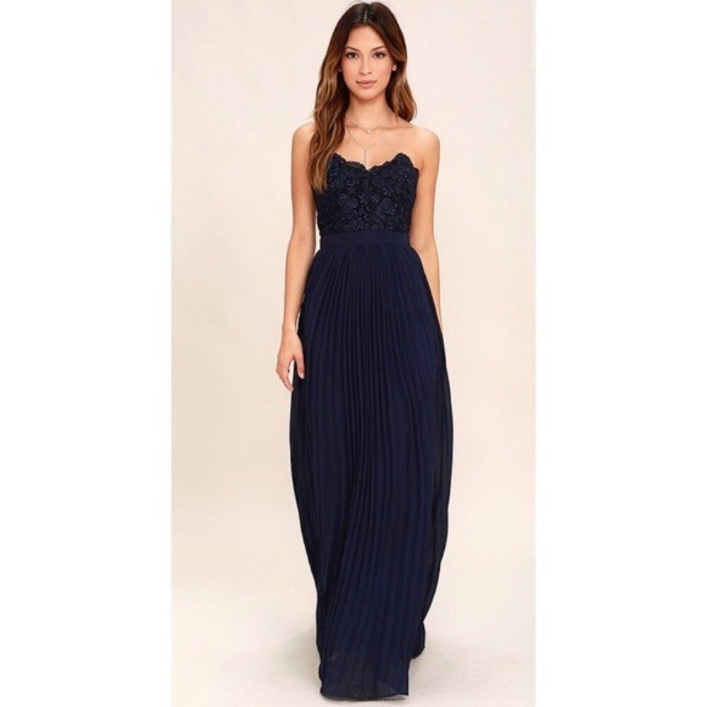 NWT Lulus Special Day Navy Blue Lace Strapless Maxi Dress size XS